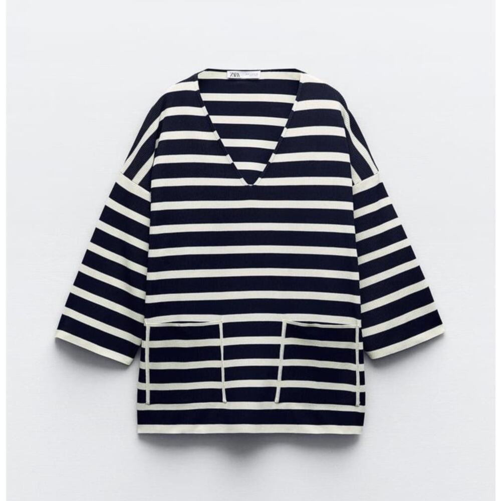 Zara STRIPED KNIT CROPPED TUNIC WITH POCKETS in Black/White